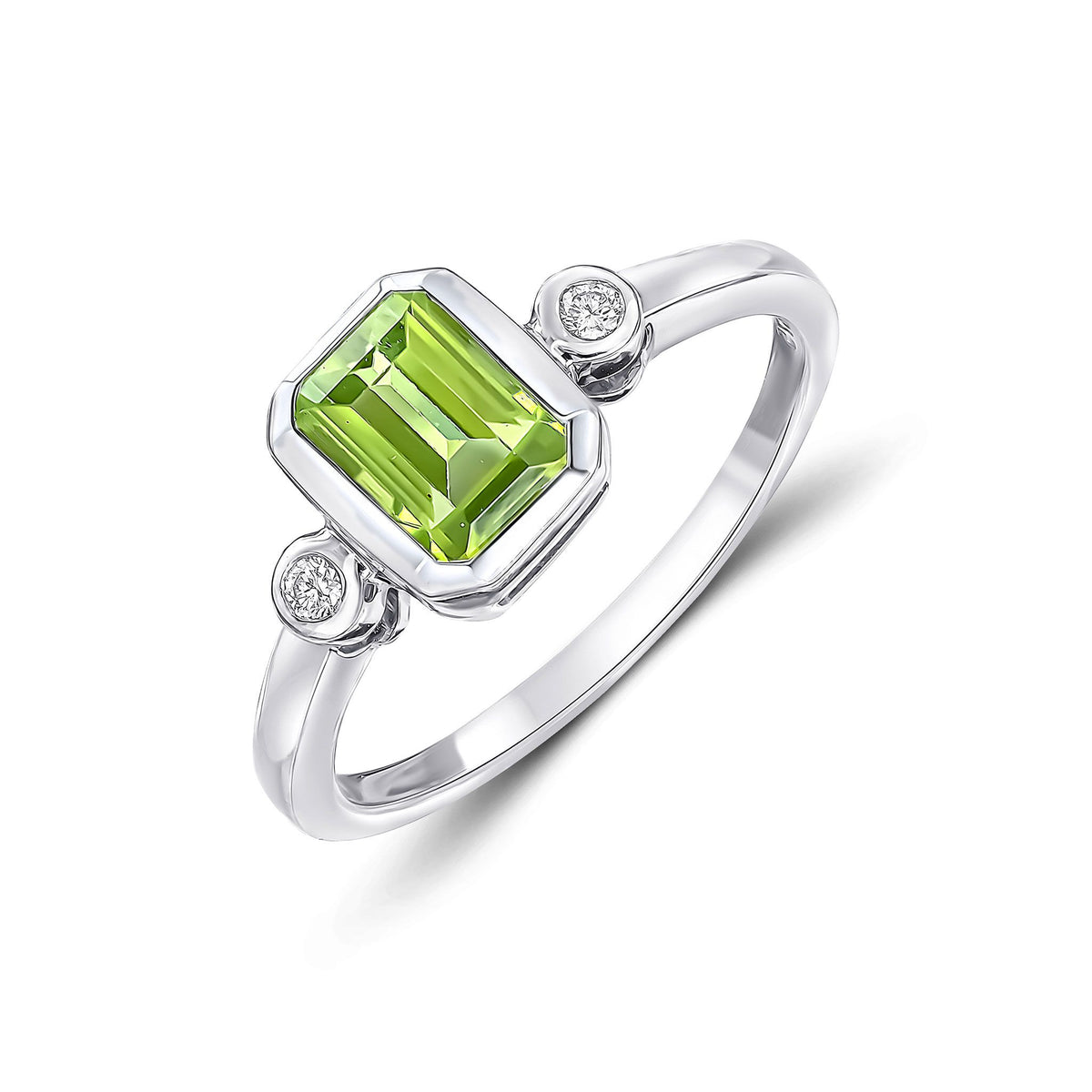 9ct White Gold Oval Natural Peridot and Diamond Three Stone Rubover Ring