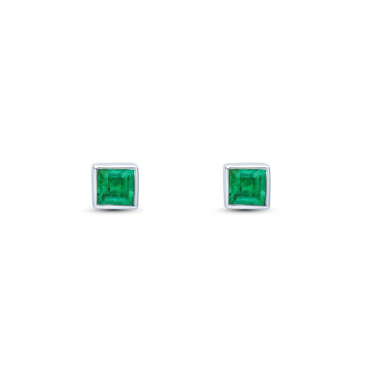 9ct White Gold Square Natural Emerald Rubover Stud Earrings — 3mm