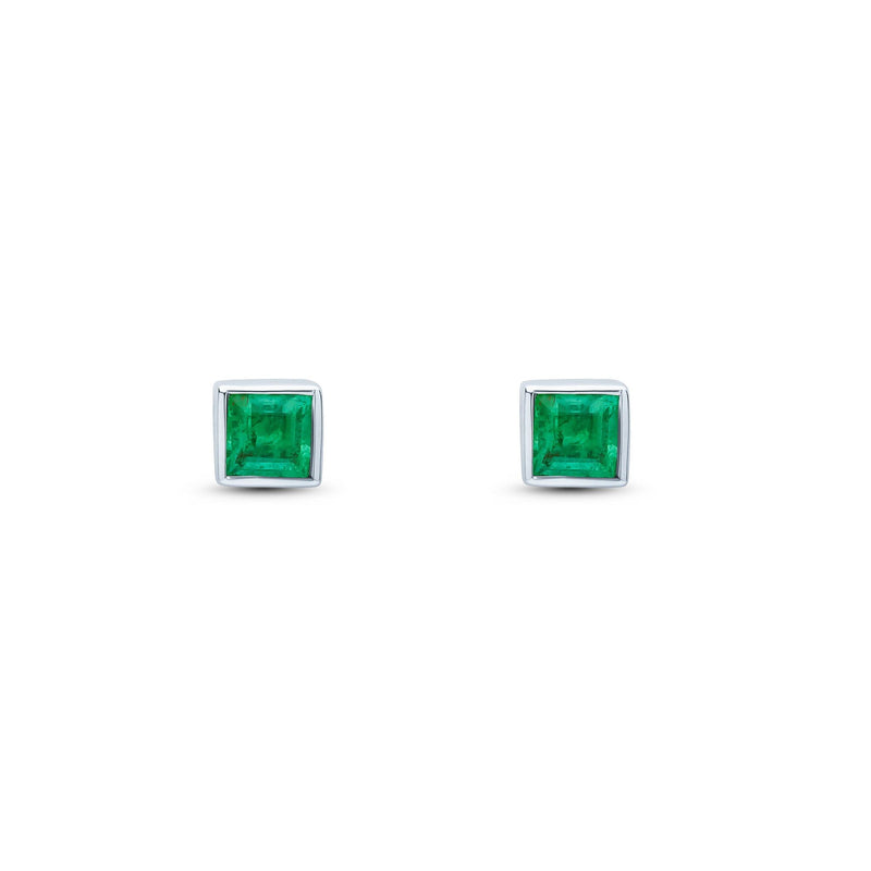 9ct White Gold Square Natural Emerald Rubover Stud Earrings — 3mm