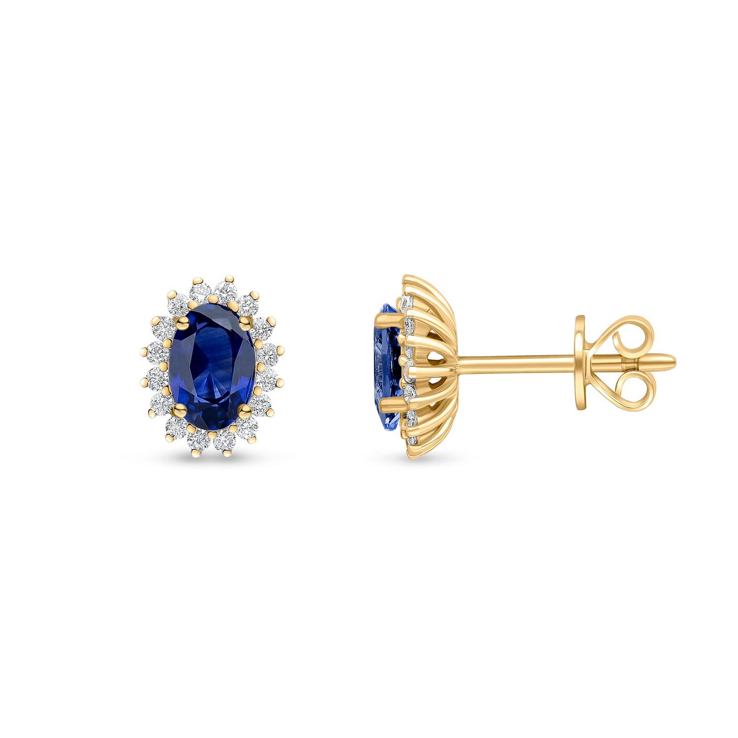 18ct Yellow Gold Oval Natural Sapphire and Round Diamond Claw Set Cluster Stud Earrings — 6x4mm