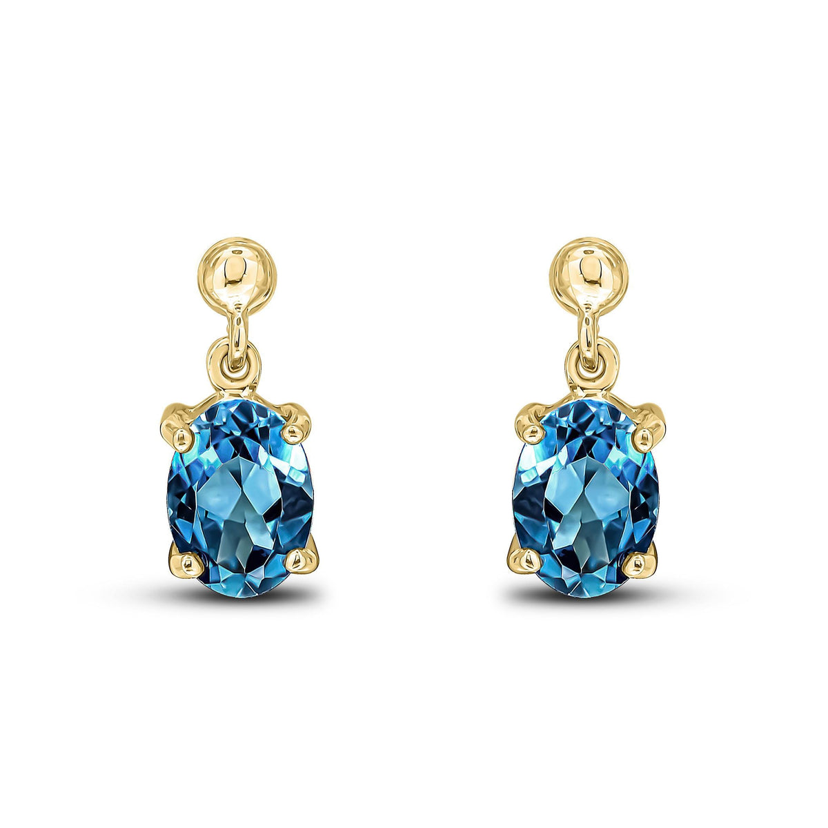 9ct Yellow Gold Oval Natural London Blue Topaz Claw Drop Earrings — 7x5mm