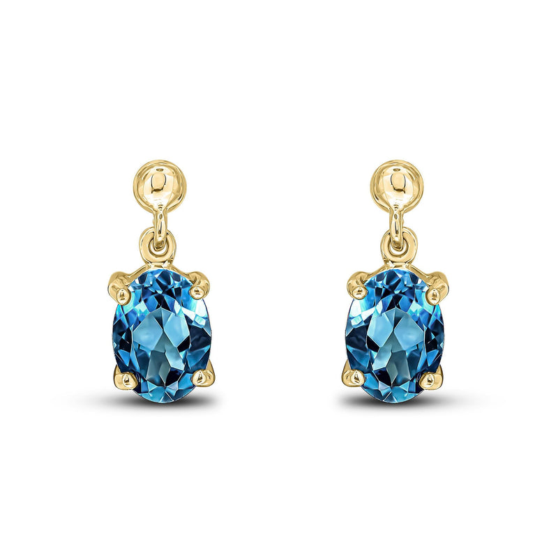 9ct Yellow Gold Oval Natural London Blue Topaz Claw Drop Earrings — 7x5mm
