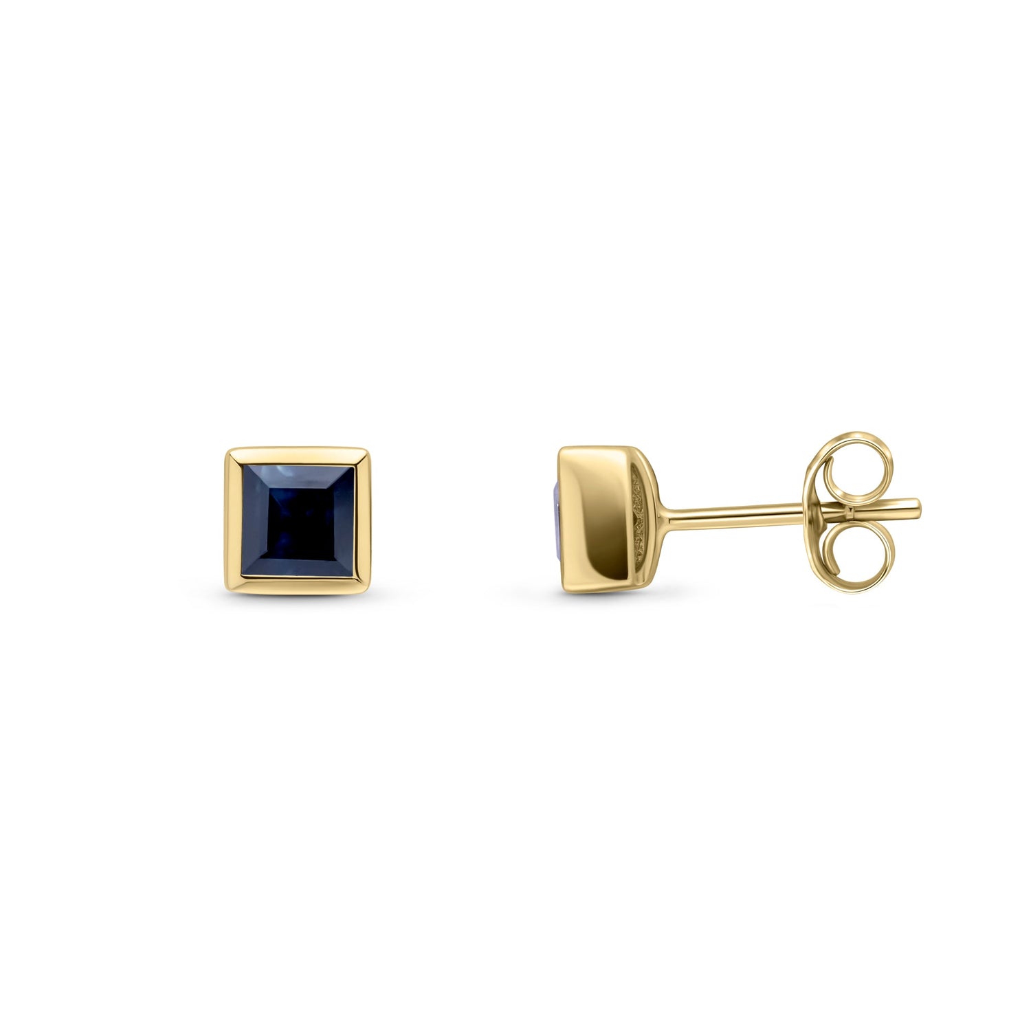 9ct Yellow Gold Square Cut Natural Sapphire Rubover Stud Earrings — 3mm