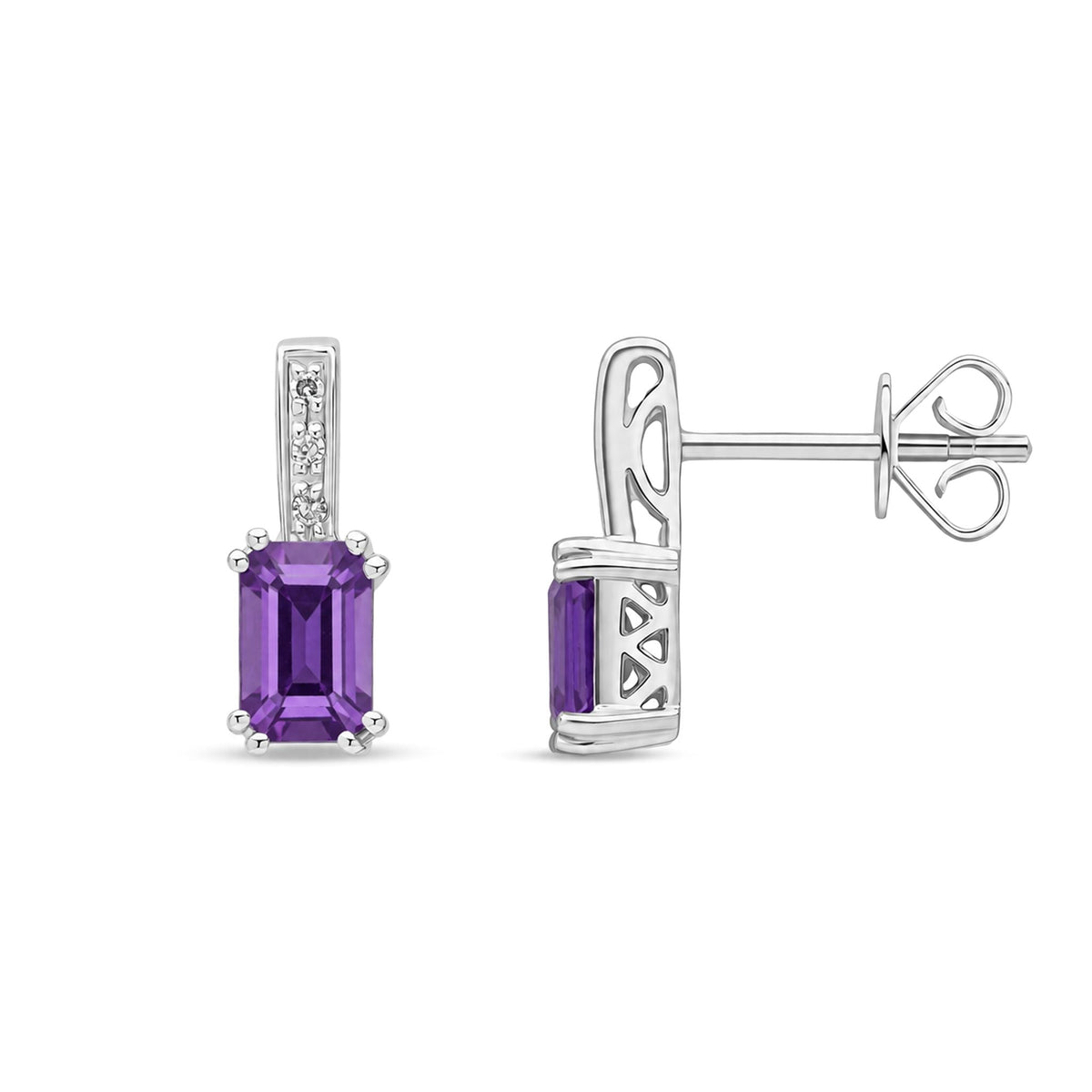 9ct White Gold Octagonal Natural Amethyst & Diamond Drop Earrings — 6x4mm