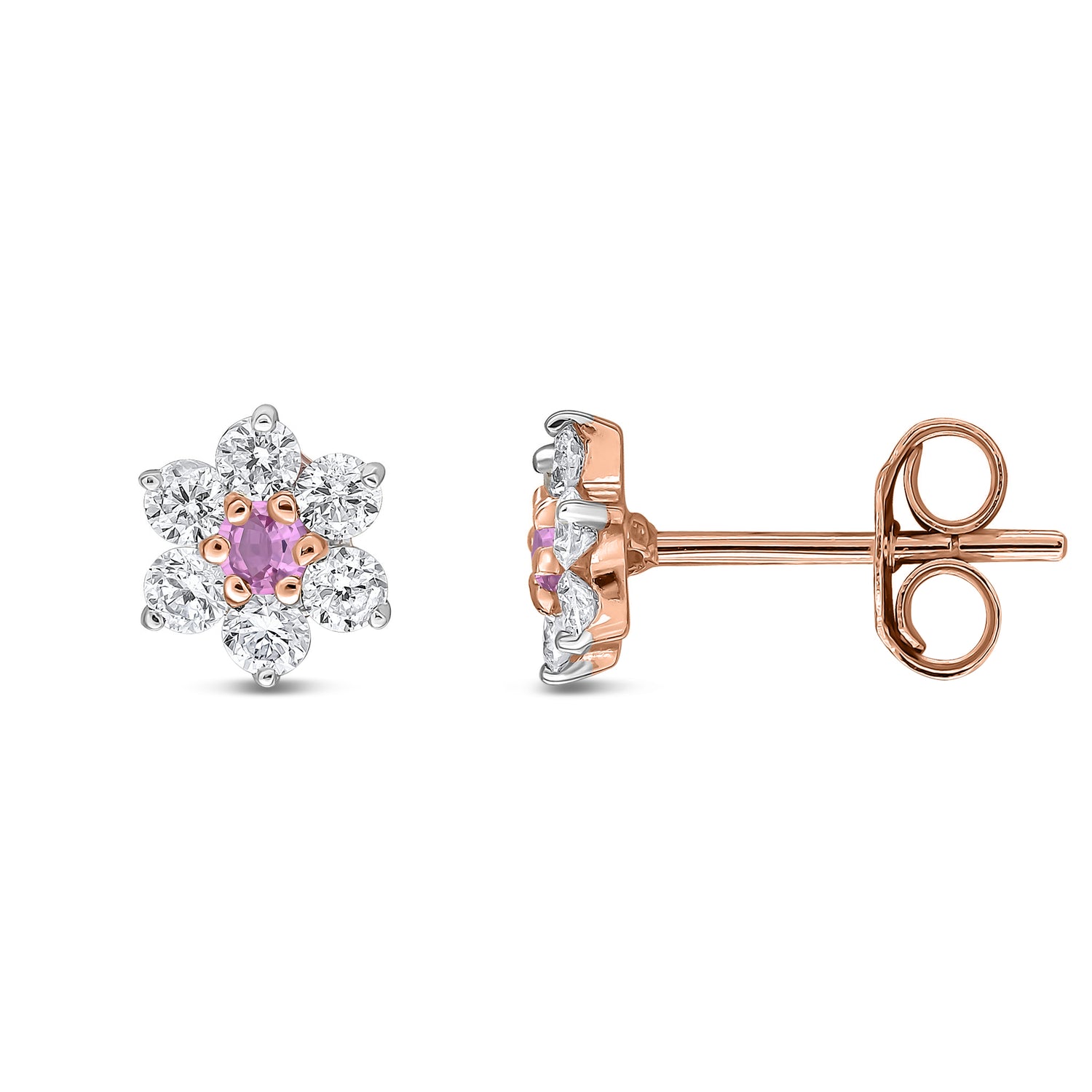 9ct Yellow Gold Round Natural Pink Sapphire and Diamond Cluster Earrings