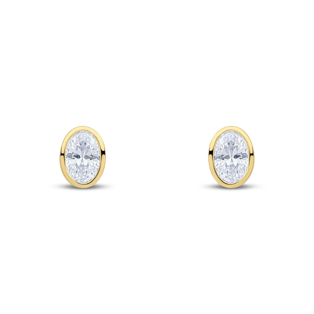 9ct Yellow Gold Oval Cubic Zirconia CZ Rubover Stud Earrings — 6x4mm