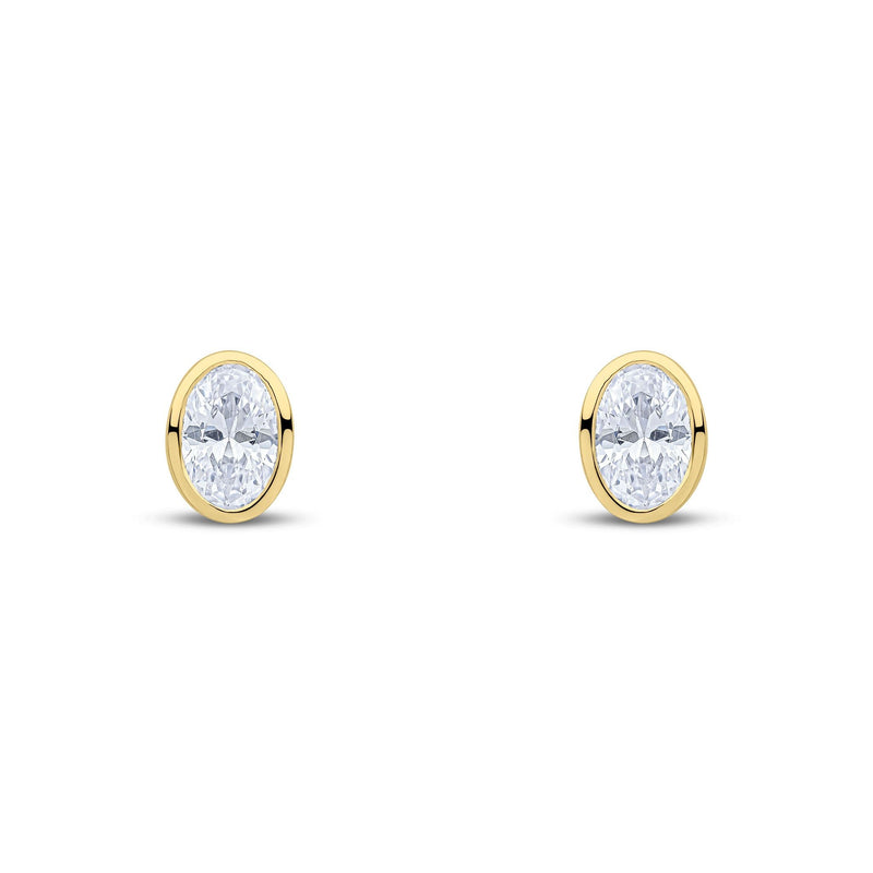 9ct Yellow Gold Oval Cubic Zirconia CZ Rubover Stud Earrings — 6x4mm
