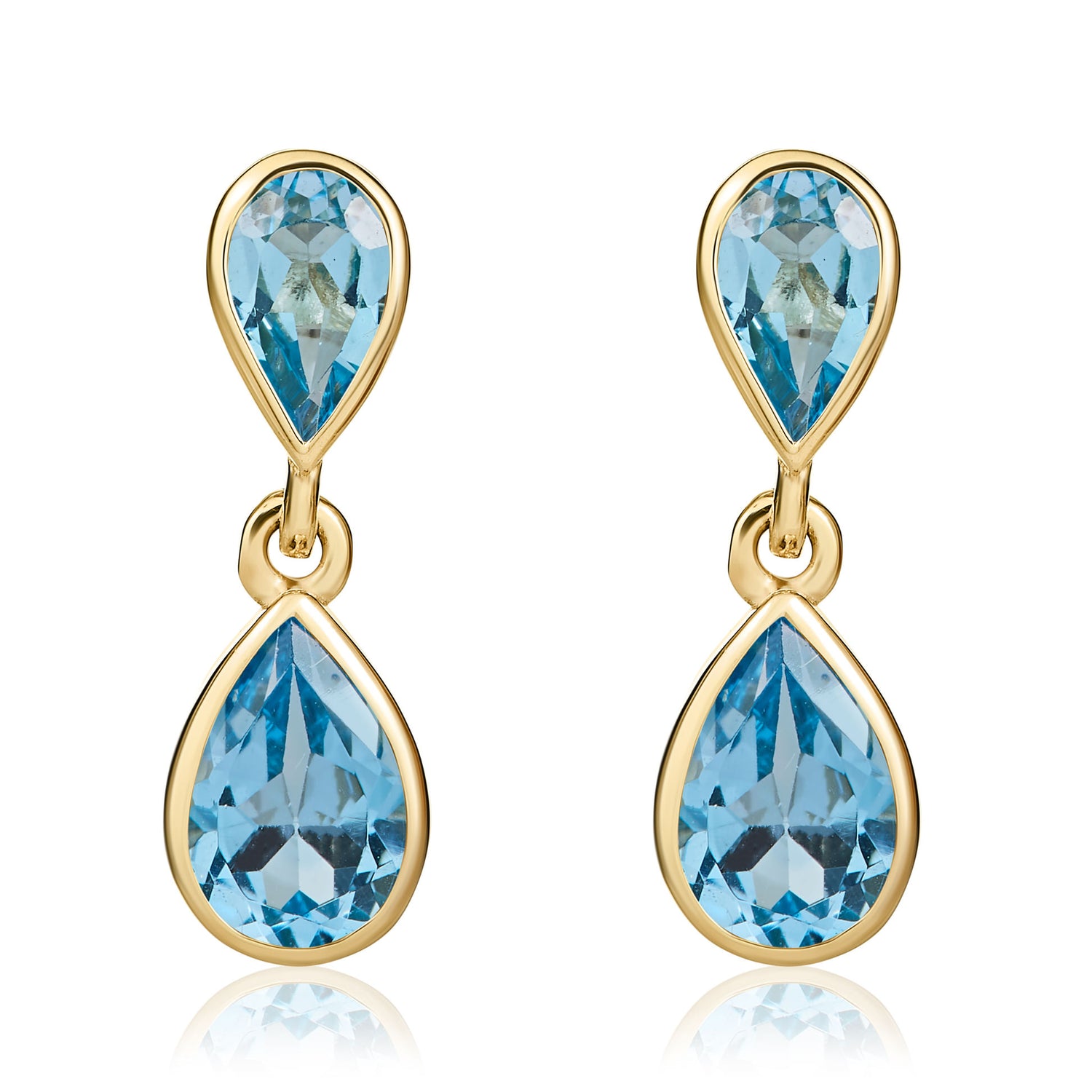 9ct Yellow Gold Pear Shaped Natural Swiss Blue Topaz Two Stone Rubover Drop Earrings
