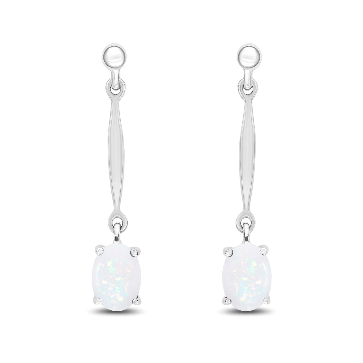 9ct White Gold Oval Natural Opal Claw Bar Drop Earrings — 7x5mm