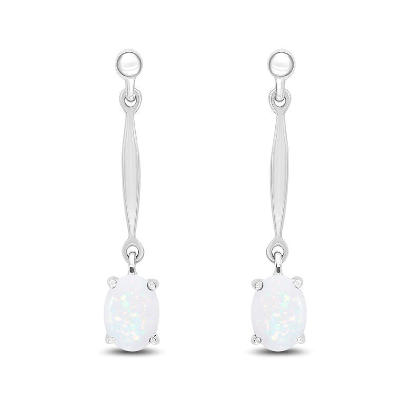 9ct White Gold Oval Natural Opal Claw Bar Drop Earrings — 7x5mm