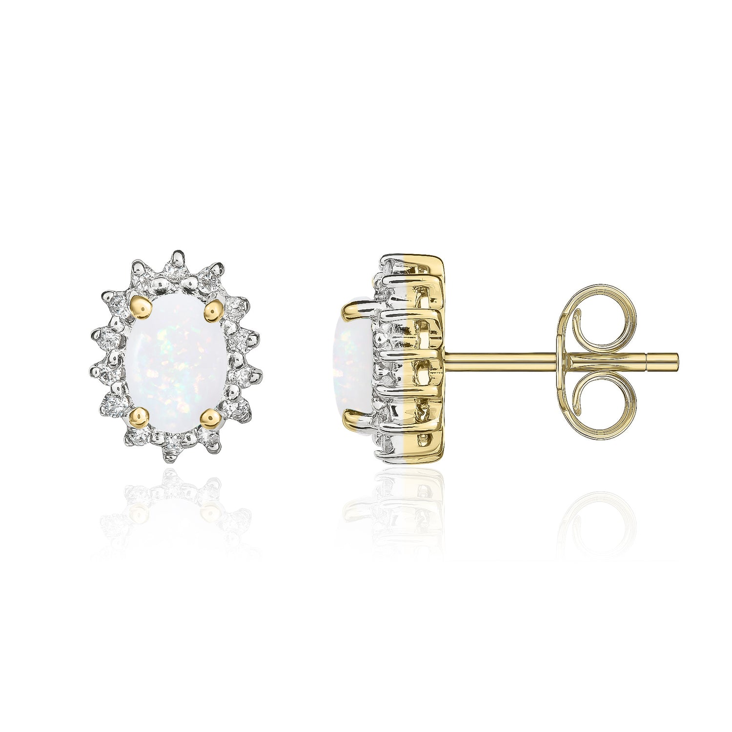 9ct Yellow Gold Natural Oval Opal and Diamond Cluster Earrings — 6x4mm