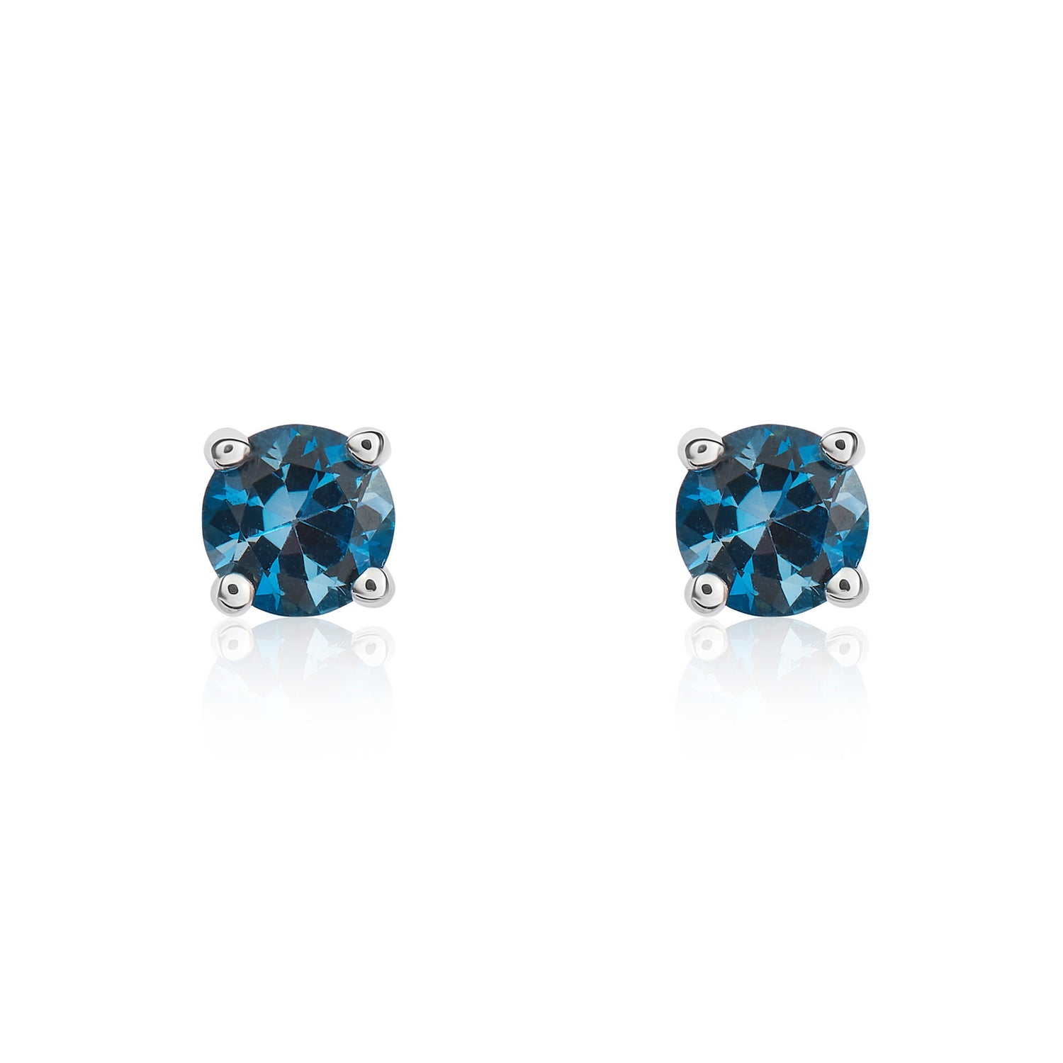 9ct White Gold Round Natural London Blue Topaz Claw Stud Earrings — 4mm