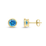 9ct Yellow Gold Round Natural Swiss Blue Topaz Rubover Stud Earrings — 6mm
