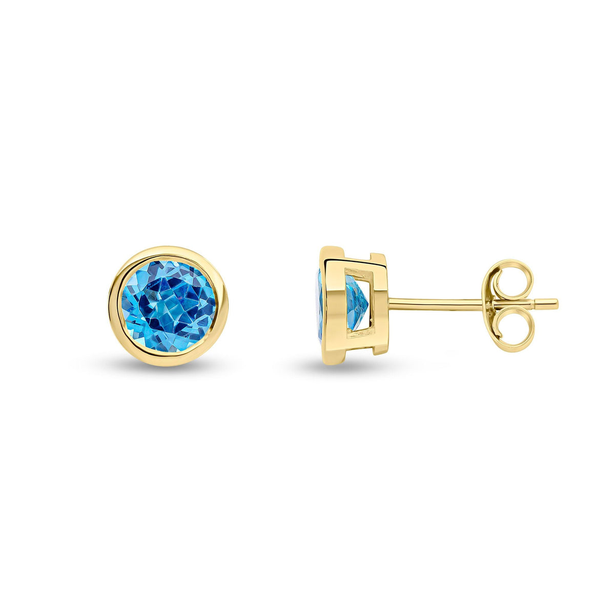 9ct Yellow Gold Round Natural Swiss Blue Topaz Rubover Stud Earrings — 6mm
