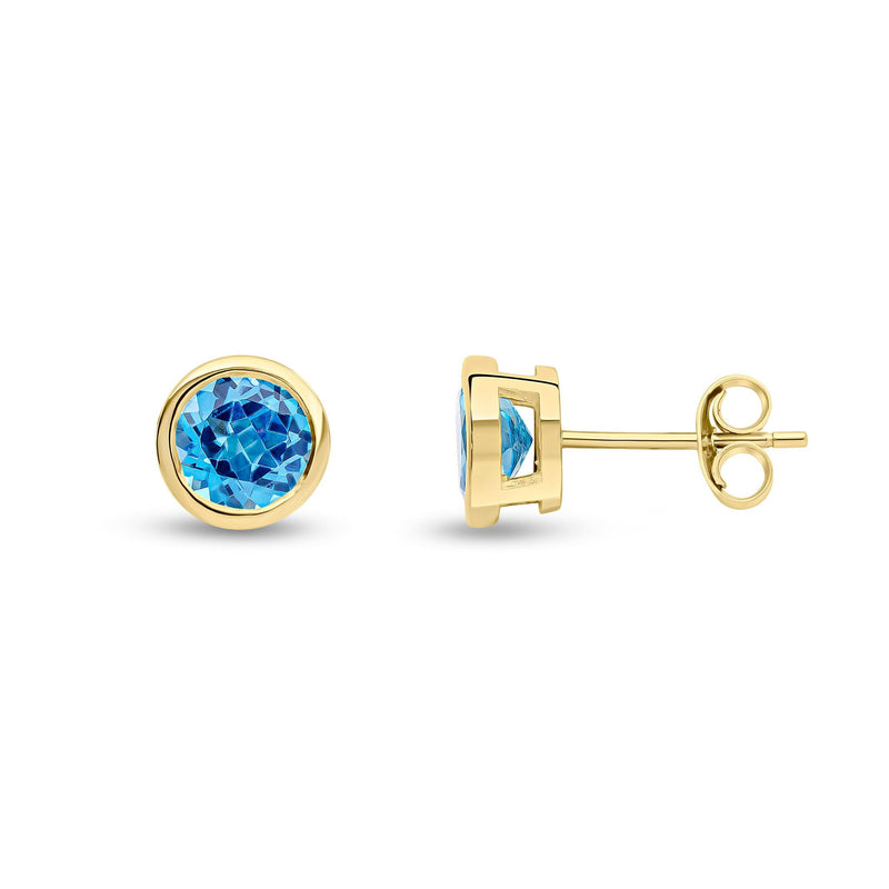 9ct Yellow Gold Round Natural Swiss Blue Topaz Rubover Stud Earrings — 6mm