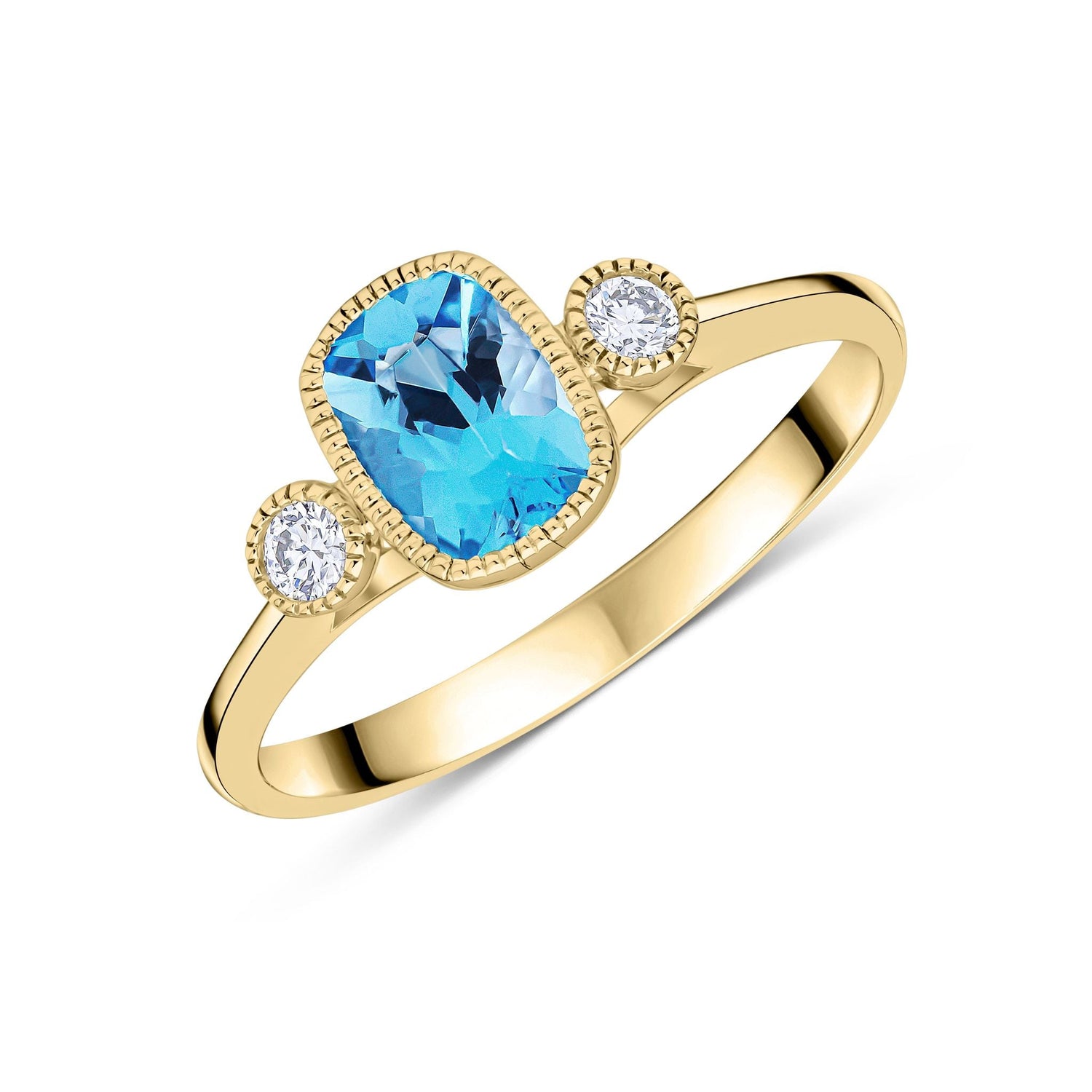 9ct Yellow Gold Octagonal Cushion Cut Natural Swiss Blue Topaz and Round Diamond Millegrain Set Three Stone Ring — 7x5mm