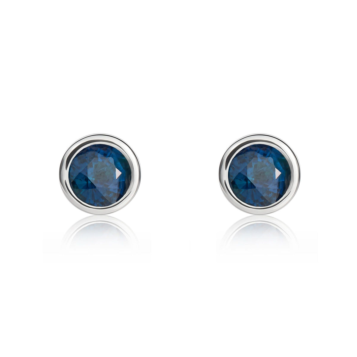 9ct White Gold Round Natural Sapphire Rubover Stud Earrings — 4mm