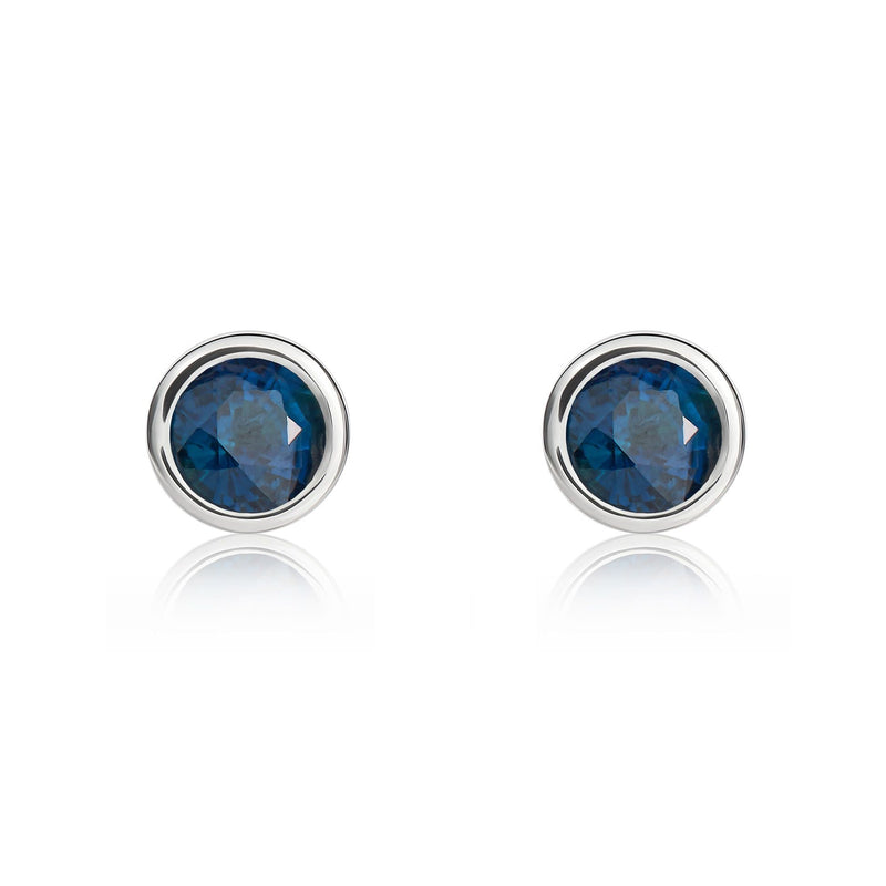 9ct White Gold Round Natural Sapphire Rubover Stud Earrings — 4mm
