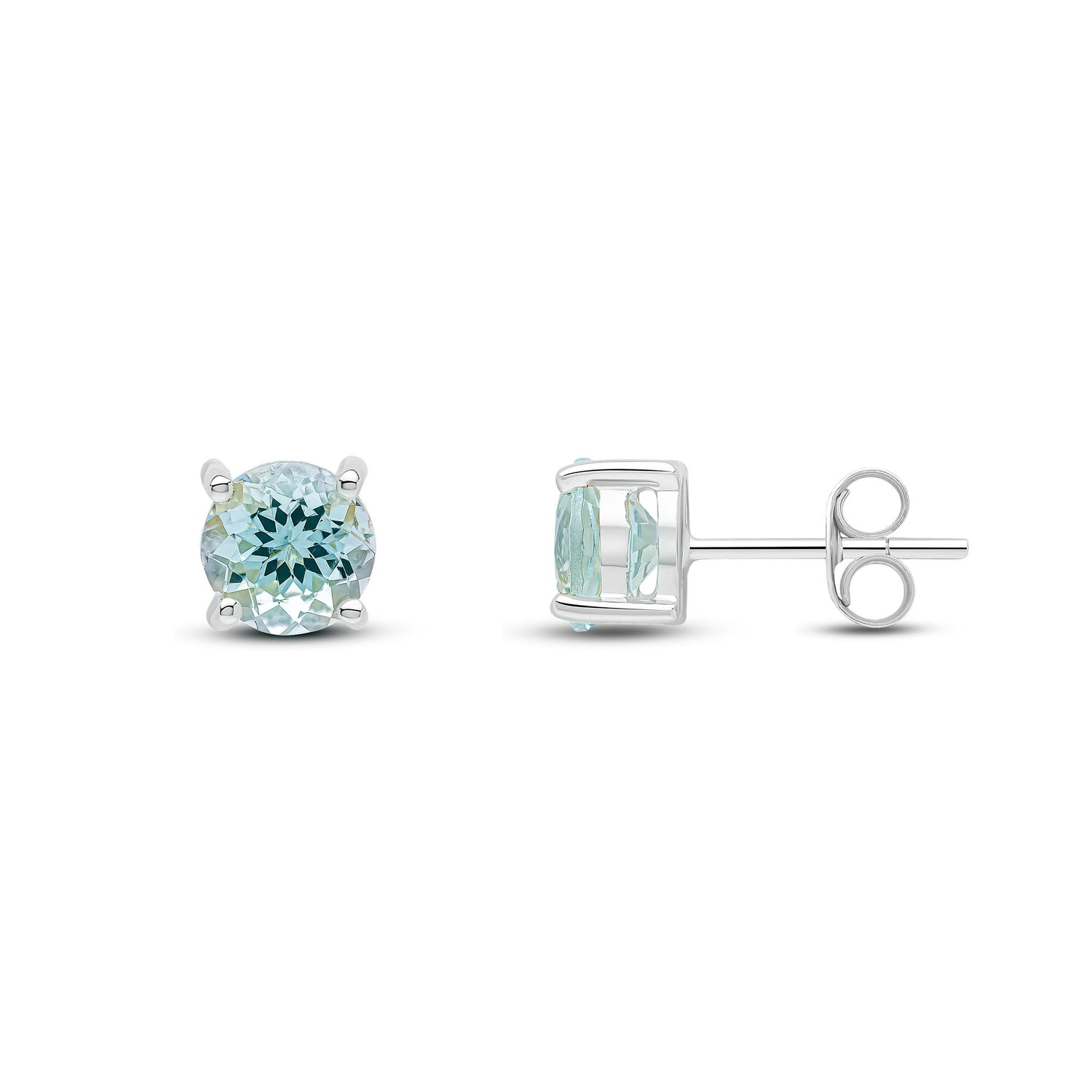 9ct White Gold Round Natural Aquamarine Four Claw Stud Earrings — 6mm
