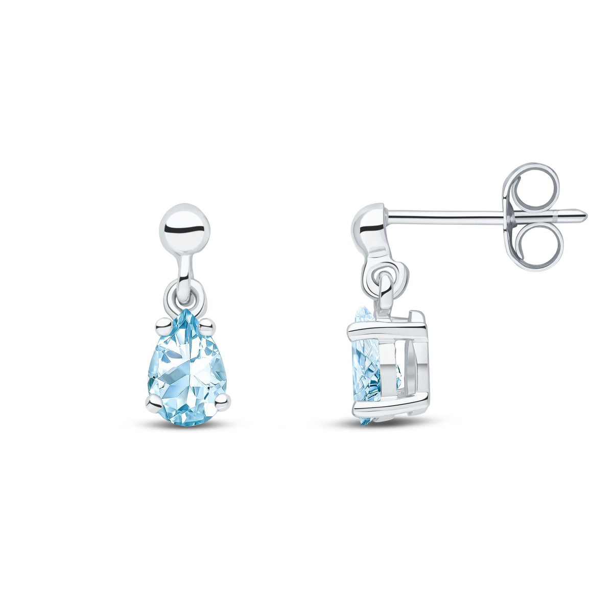 9ct White Gold Pear Shaped Natural Aquamarine Claw Drop Earrings — 6x4mm