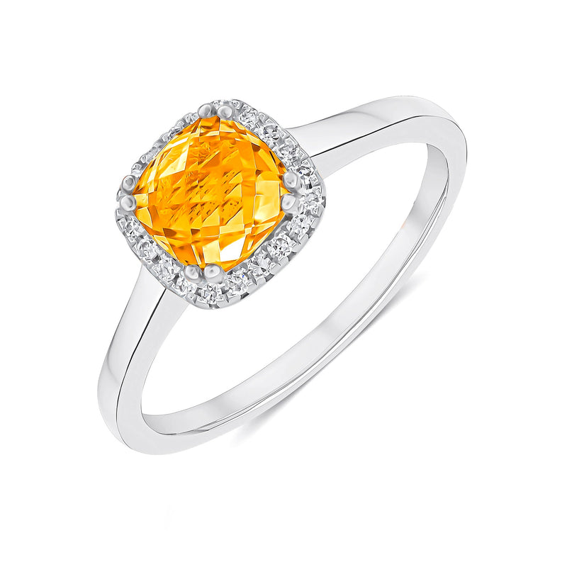 9ct White Gold Checkerboard Cut Cushion Natural Citrine & Natural Diamond Cluster Ring — 6mm