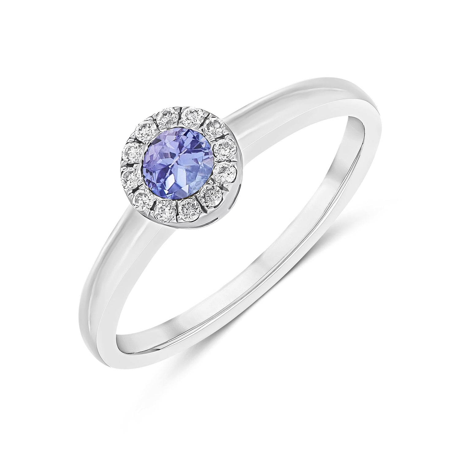 18ct White Gold Round Natural Tanzanite and Diamond Halo Cluster Ring — 4mm