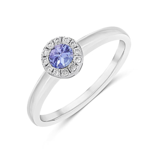 18ct White Gold Round Natural Tanzanite and Diamond Halo Cluster Ring — 4mm
