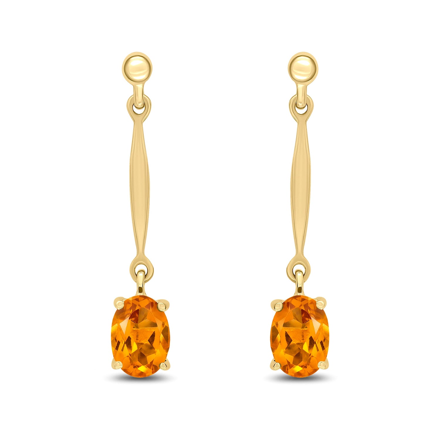 9ct Yellow Gold Oval Natural Citrine Claw Bar Drop Earrings with Tapered Bars — 7x5mm