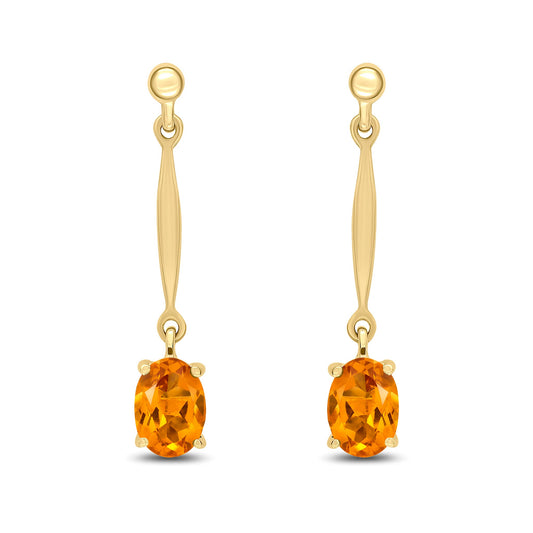 9ct Yellow Gold Oval Citrine Claw Bar Drop Earrings with Tapered Bars — 7x5mm