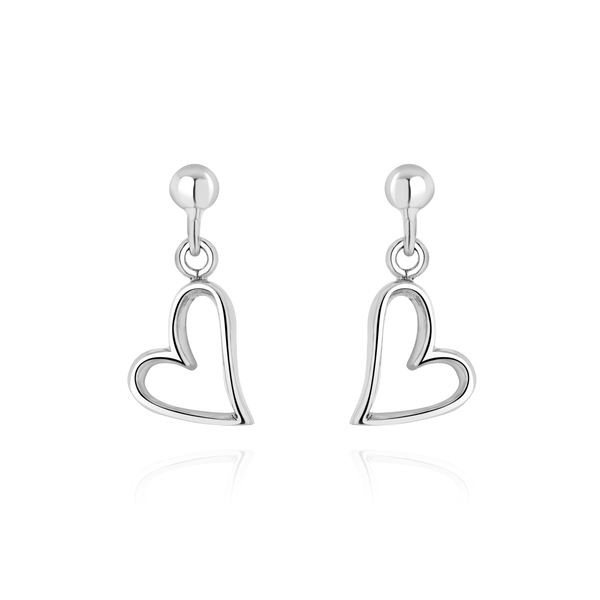 9ct White Gold Open Heart Drop Earrings with Ball Stud Tops