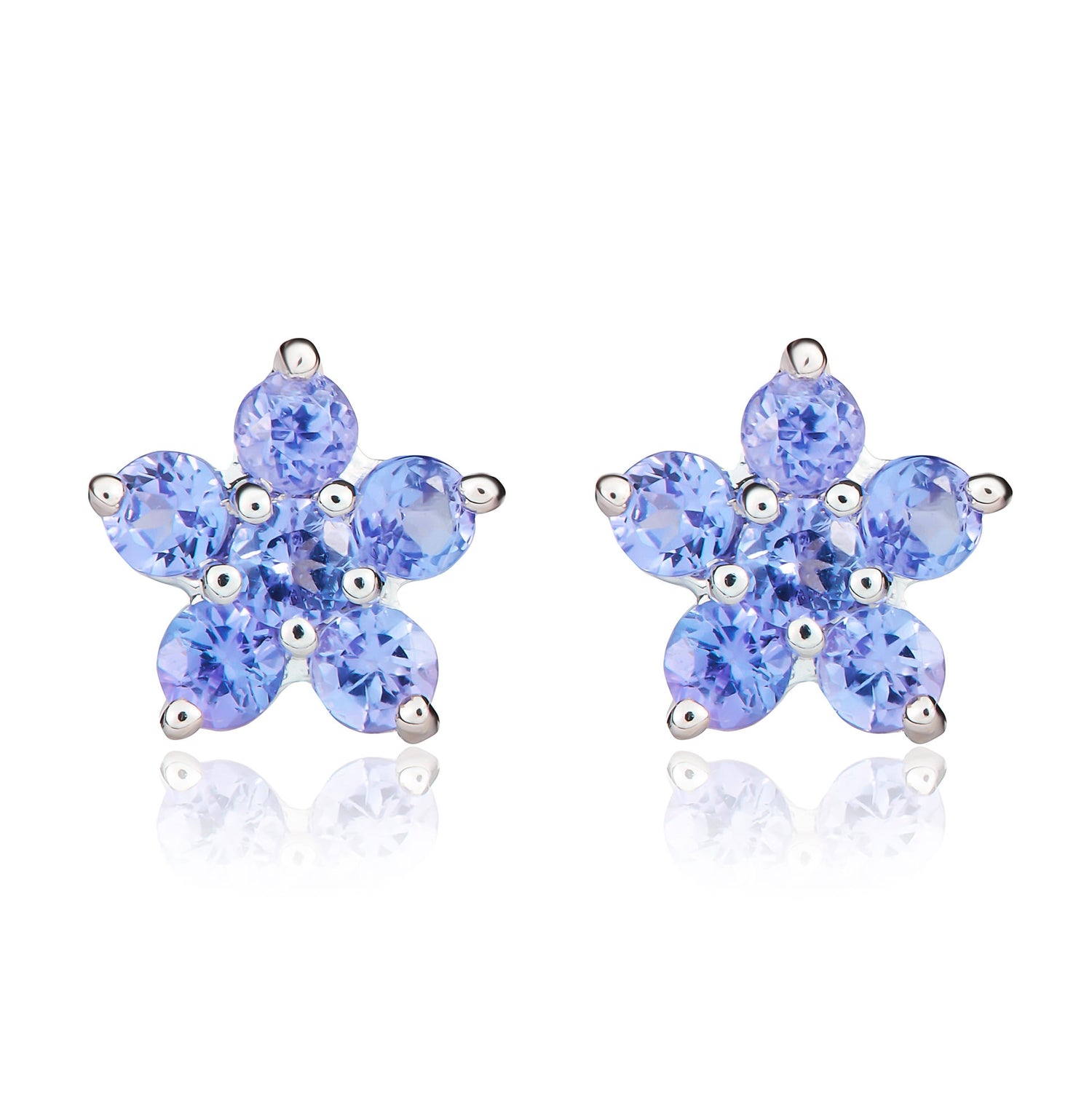 9ct White Gold Round Natural Tanzanite 6 Stone Flower Cluster Stud Earrings — 2mm