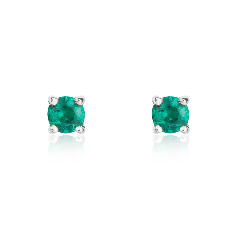 9ct White Gold Round Natural Emerald Claw Stud Earrings — 3mm