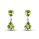 9ct White Gold Pear Shaped Natural Peridot Two Stone Rubover Drop Earrings