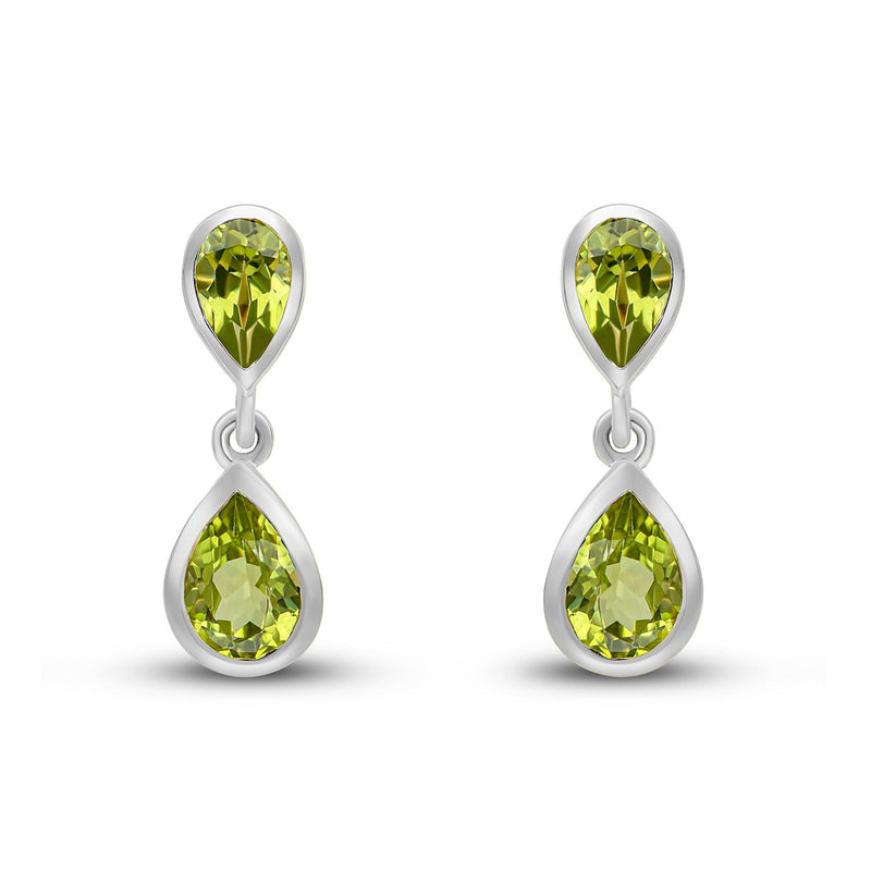 9ct White Gold Pear Shaped Natural Peridot Two Stone Rubover Drop Earrings