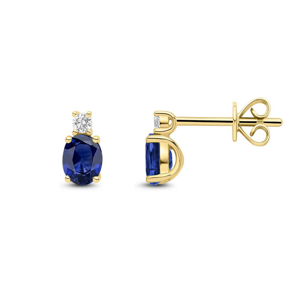 18ct Yellow Gold Oval Natural Sapphire and Round Diamond Two Stone Stud Earrings — 5x4mm