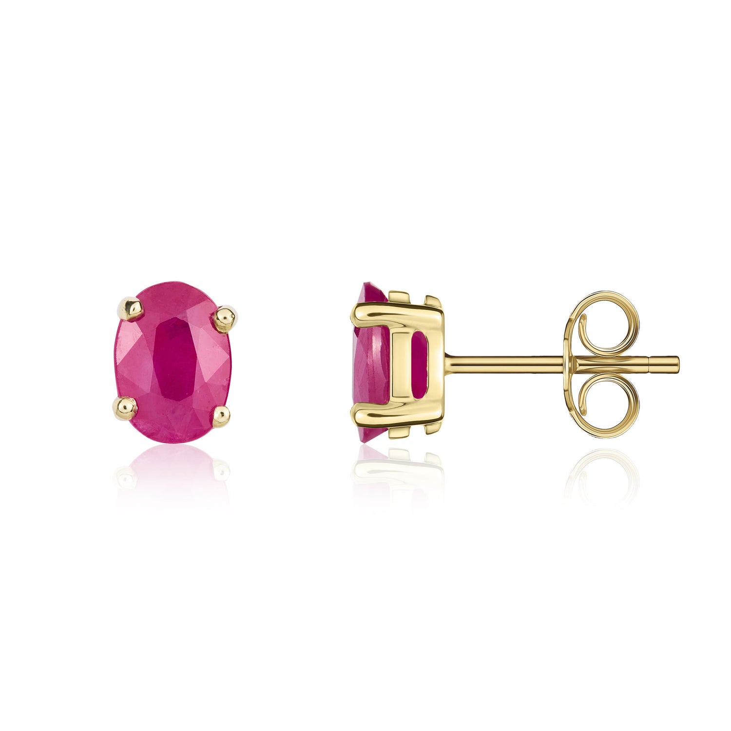 9ct Yellow Gold Round Natural Ruby Claw Stud Earrings — 7x5mm