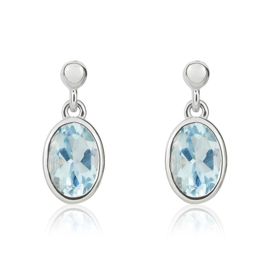 9ct White Gold Oval Natural Aquamarine Drop Earrings — 7x5mm