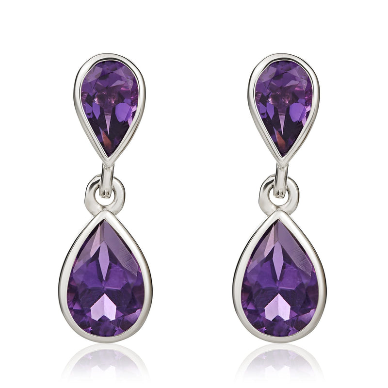 9ct White Gold Pear Shaped Natural Amethyst Two Stone Rubover Drop Earrings