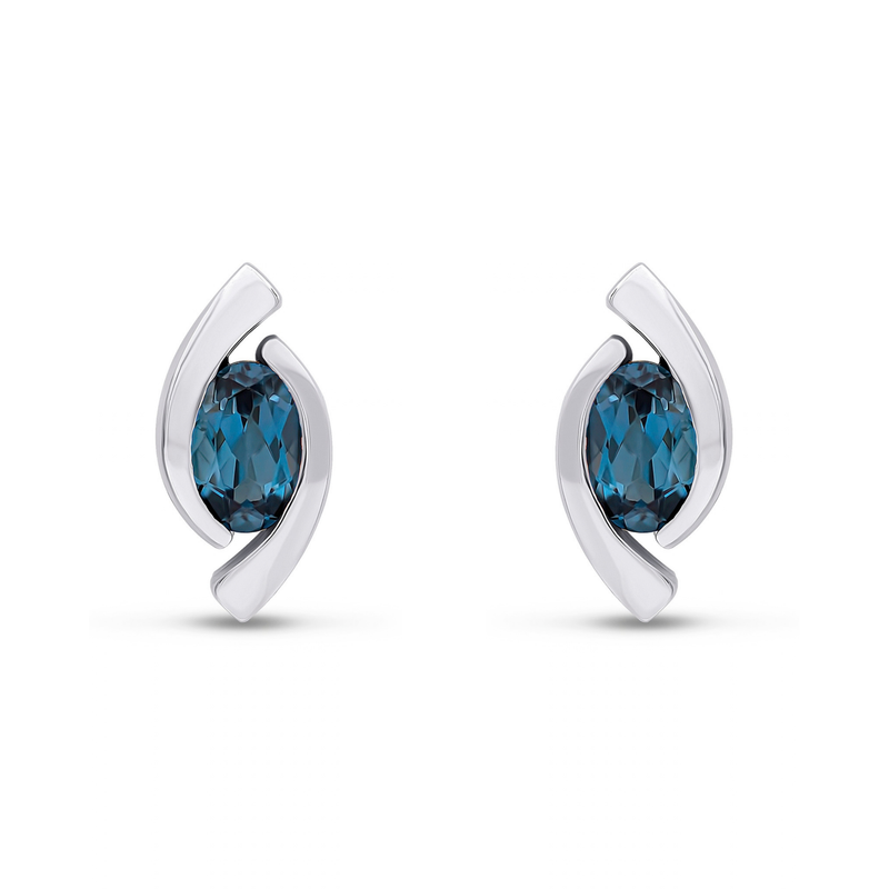 9ct White Gold Oval Natural London Blue Topaz 'Eye' Stud Earrings — 6x4mm