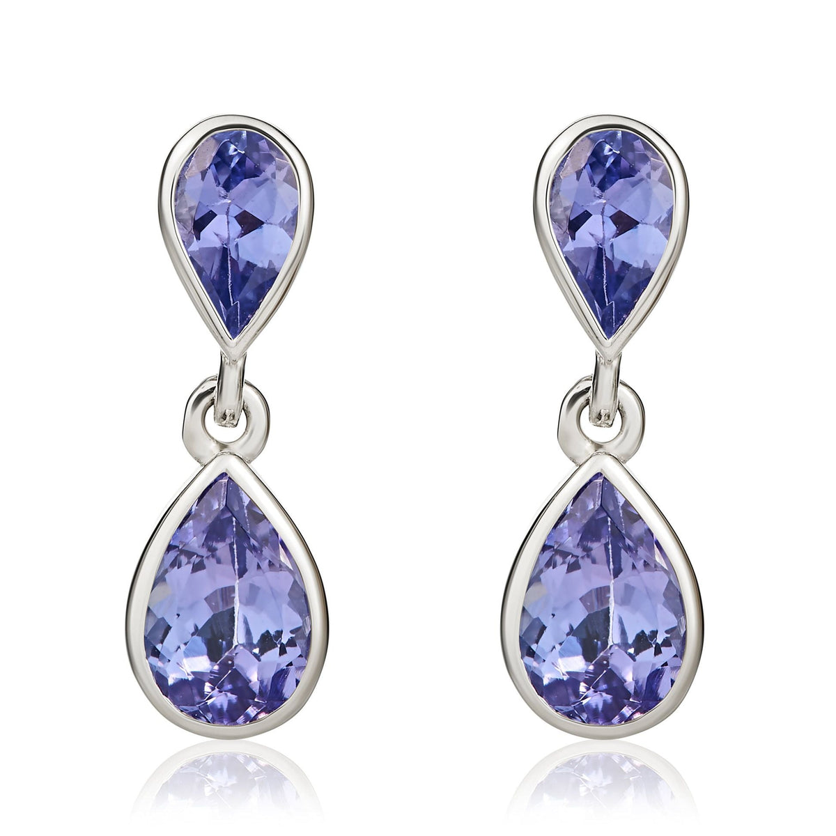9ct White Gold Pear Shaped Natural Tanzanite Two Stone Rubover Drop Earrings
