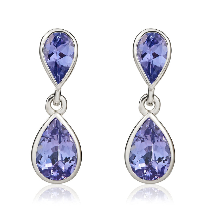 9ct White Gold Pear Shaped Natural Tanzanite Two Stone Rubover Drop Earrings