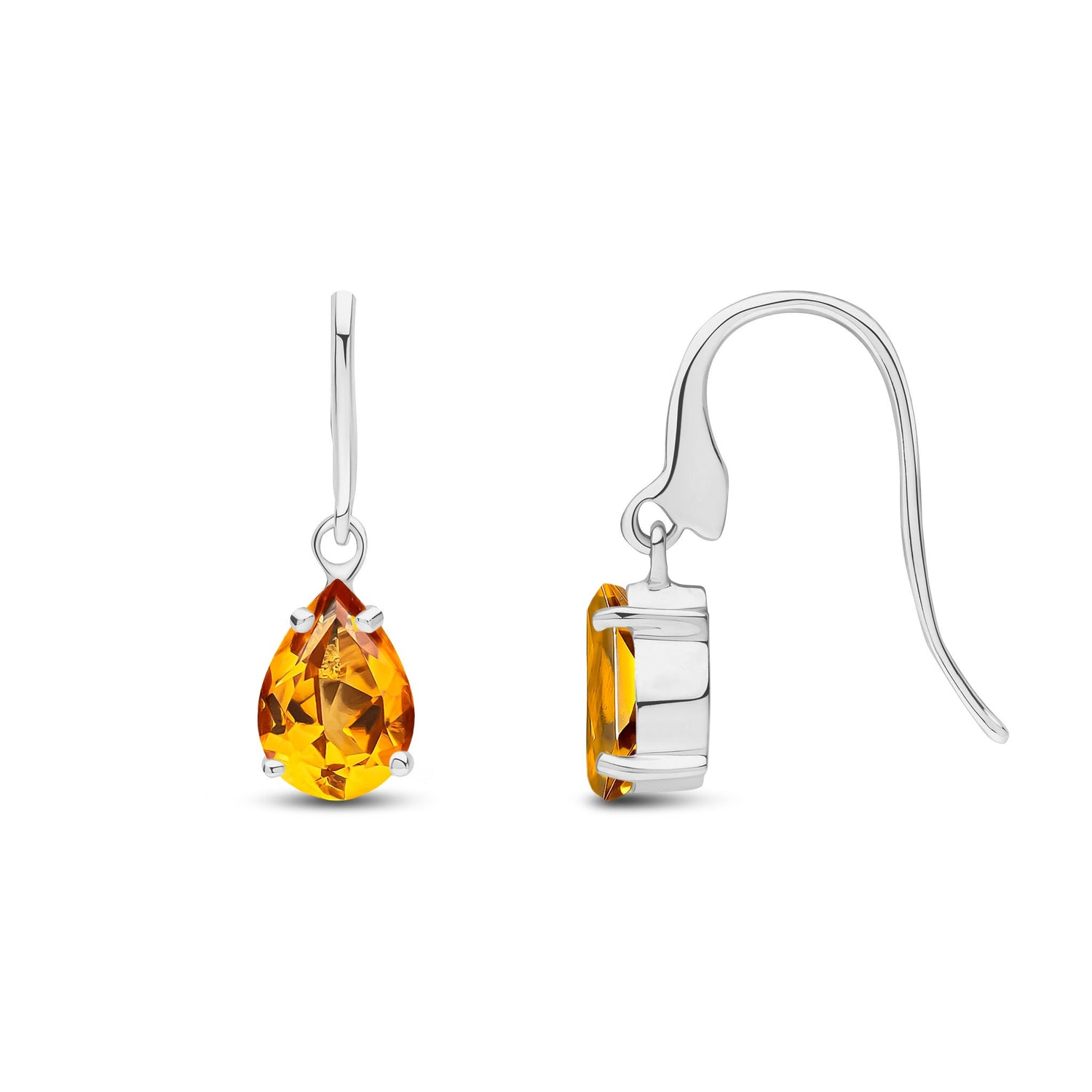 9ct White Gold Pear Shaped Natural Citrine Claw Wire Hook Drop Earrings — 7x5mm