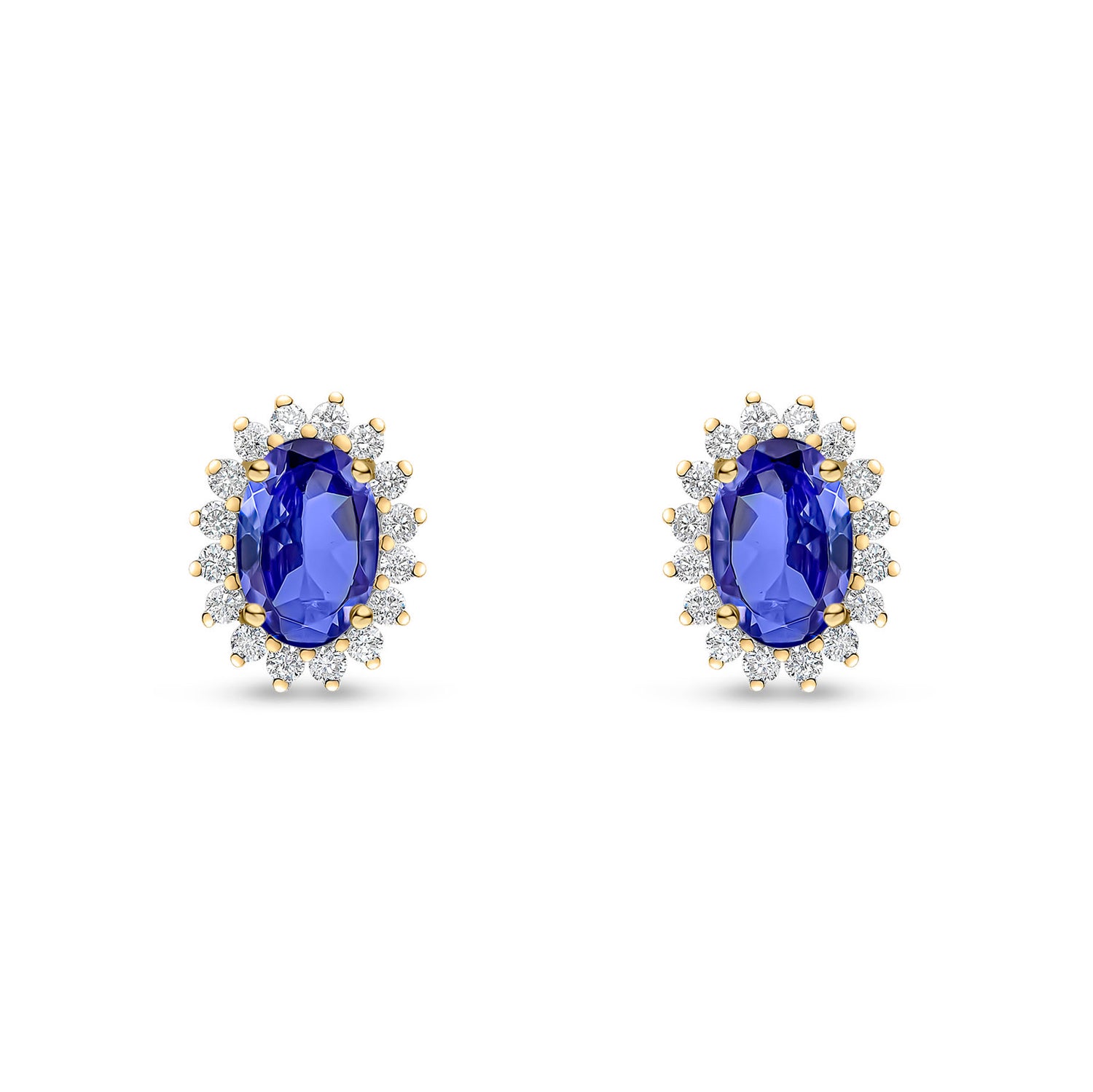 18ct Yellow Gold Oval Natural Tanzanite and Round Diamond Claw Set Cluster Stud Earrings — 6x4mm