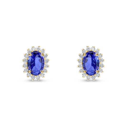 18ct Yellow Gold Oval Natural Tanzanite and Round Diamond Claw Set Cluster Stud Earrings — 6x4mm
