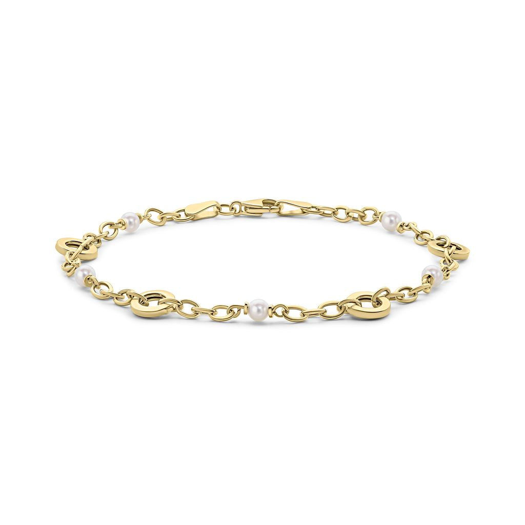 9ct Yellow Gold Natural Pearl and Circle Station Cable Link Bracelet