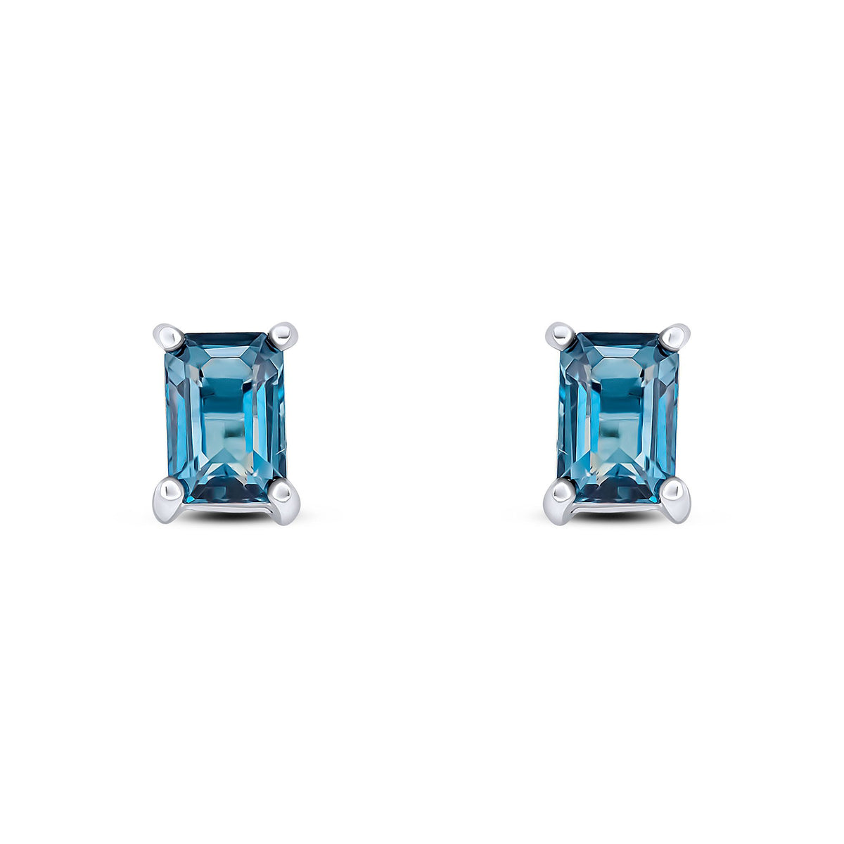 9ct White Gold Octagon Emerald Cut Natural London Blue Topaz Claw Stud Earrings — 6x4mm