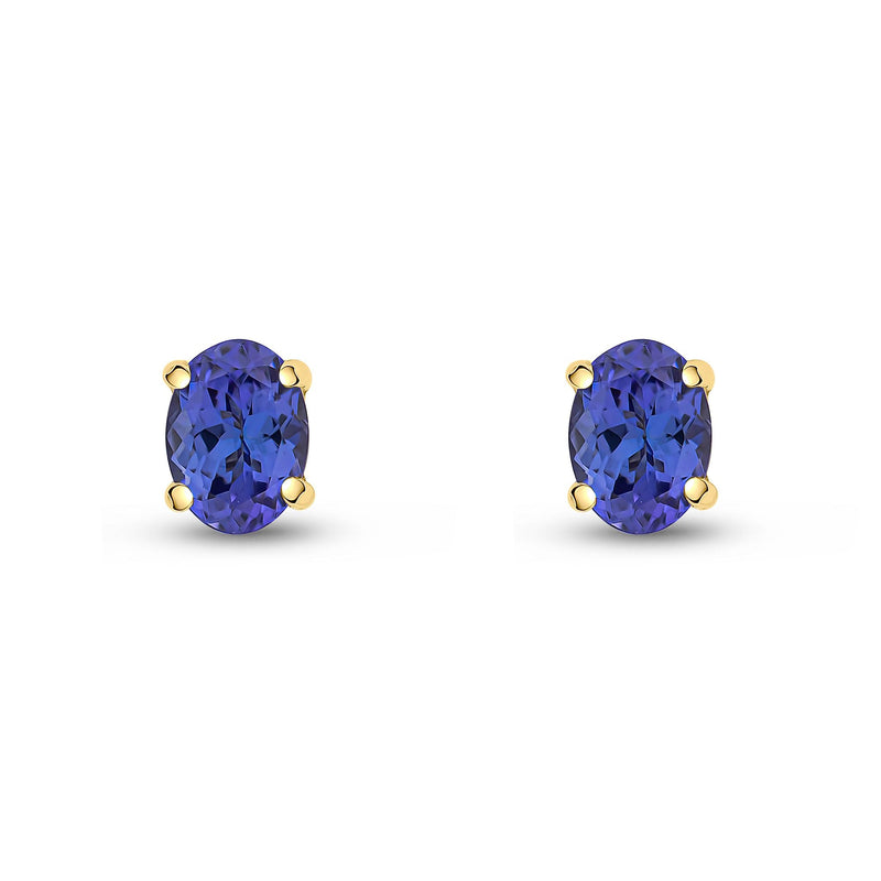 9ct Yellow Gold Oval Natural Tanzanite Claw Stud Earrings — 7x5mm