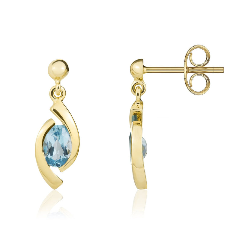 9ct Yellow Gold Oval Natural Swiss Blue Topaz 'Eye' Drop Earrings — 6x4mm