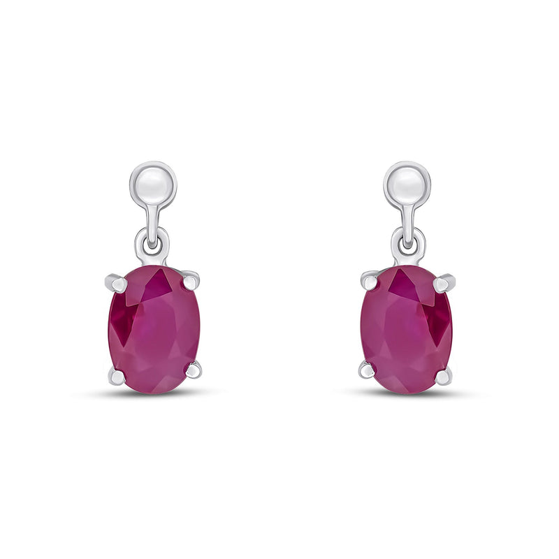 9ct White Gold Oval Natural Ruby Claw Drop Earrings — 7x5mm