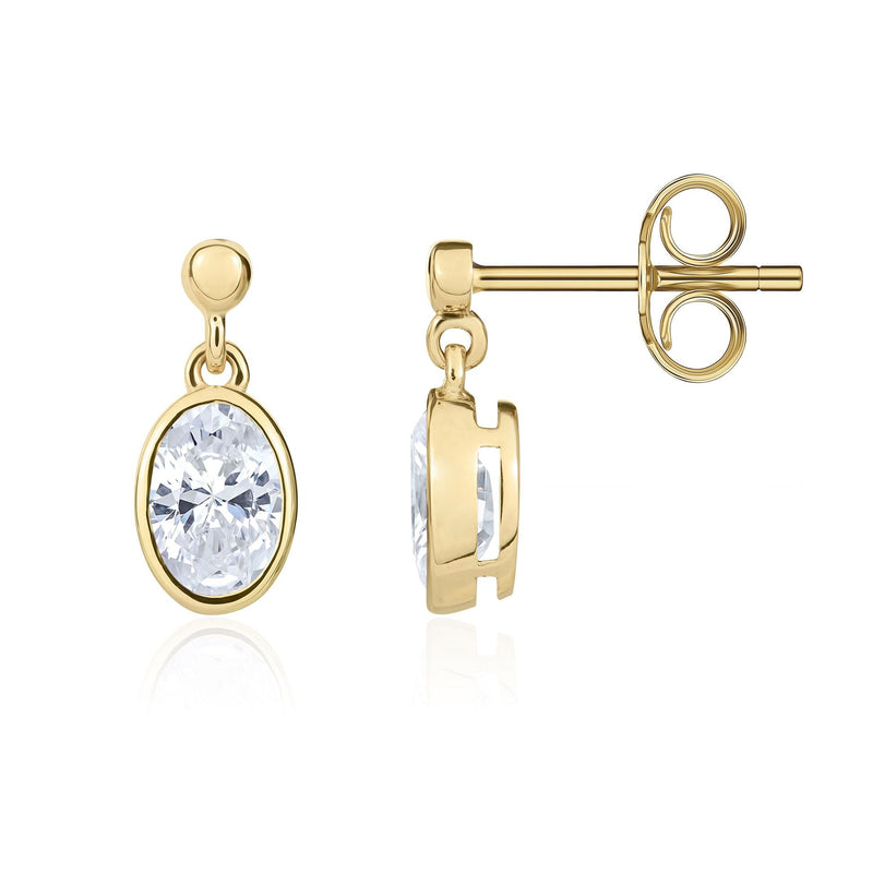 9ct Yellow Gold Oval Cubic Zirconia CZ Rubover Drop Earrings — 6x4mm
